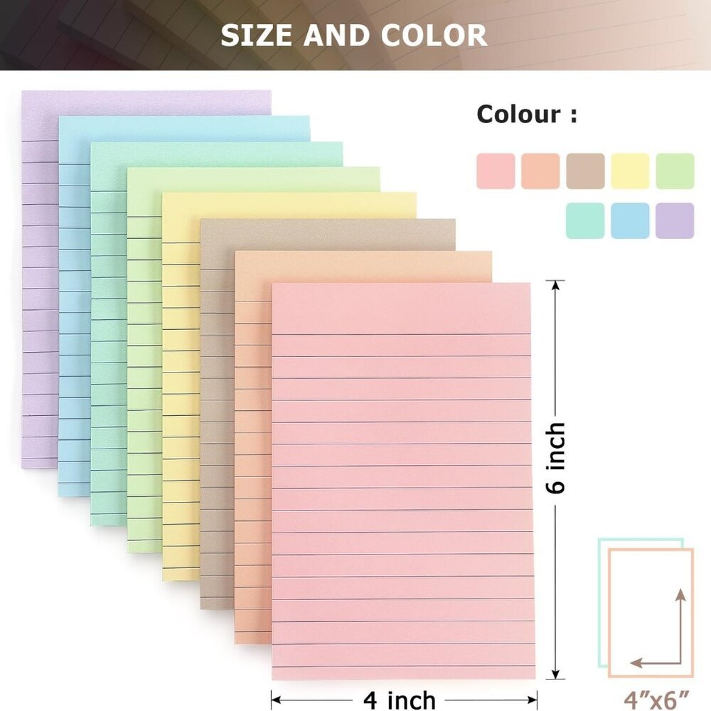 4x6 Inch Lined Sticky Notes, 8 Pack, Light Colors, Premium Self-Adhesive Notepad - Picture 3 of 7